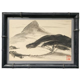 Small Painting #1 - Black and White Tree with Mountain in Bamboo Frame