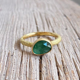 Organic Celadon Tourmaline Solitaire Ring in Sand-Textured 18k Yellow Gold