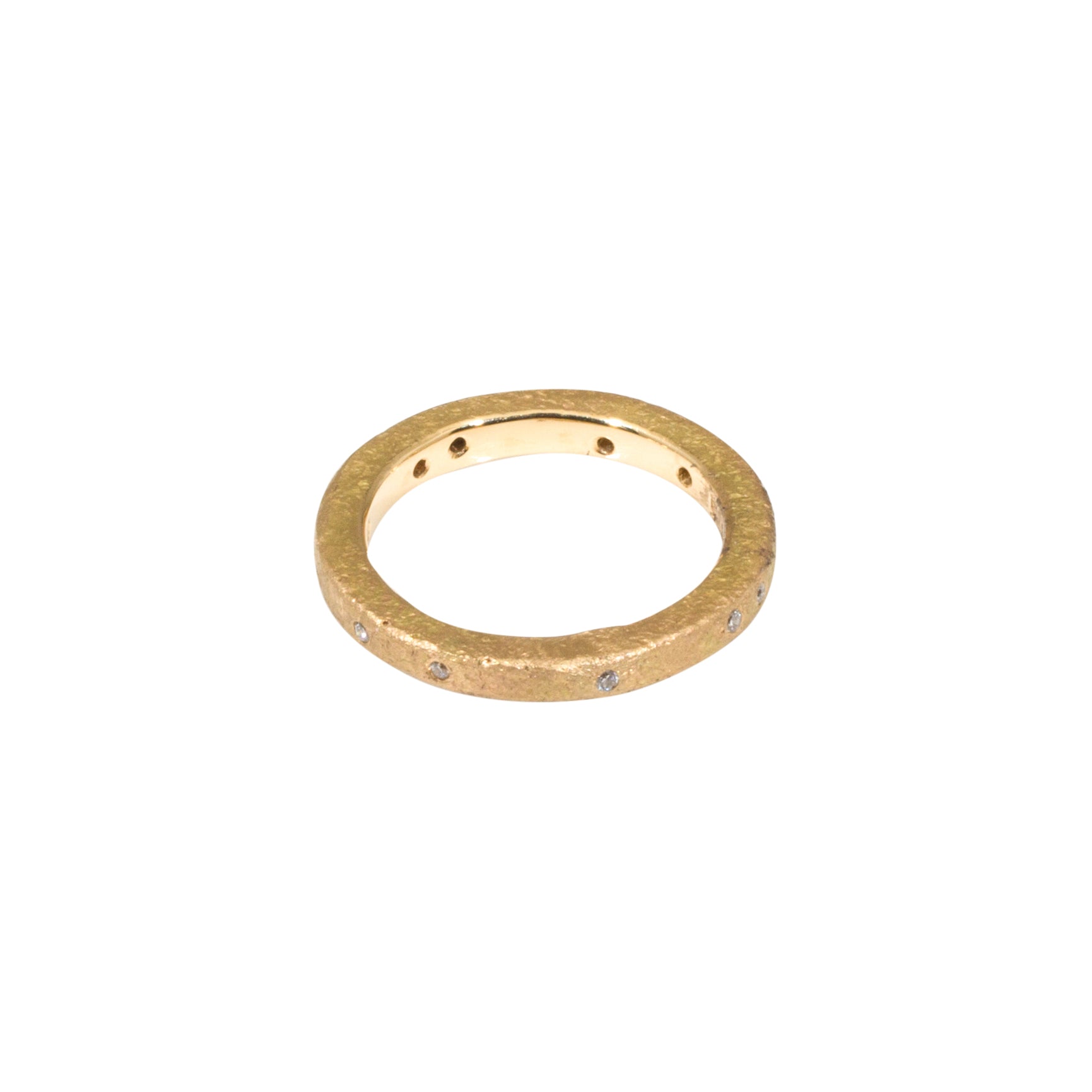 Simple Architectural Gold Band with White Diamonds in 18k Rose Yellow Gold and Sand Texture