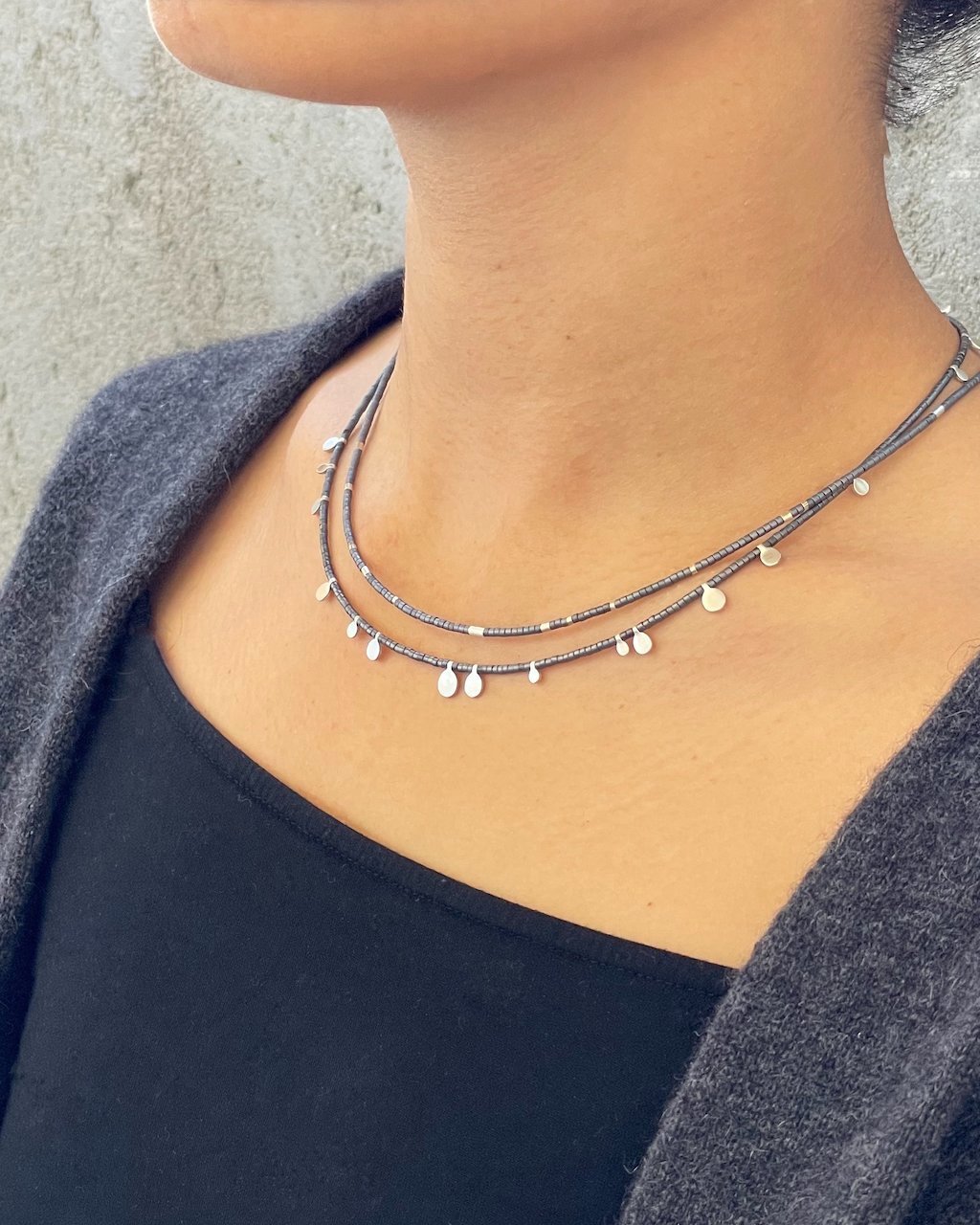 Diane Necklace with Silver Droplets and Grey Beads