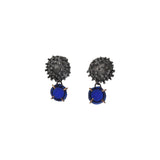 Sea Urchin and Blue Glass Post Dangle Earrings in Oxidized Silver