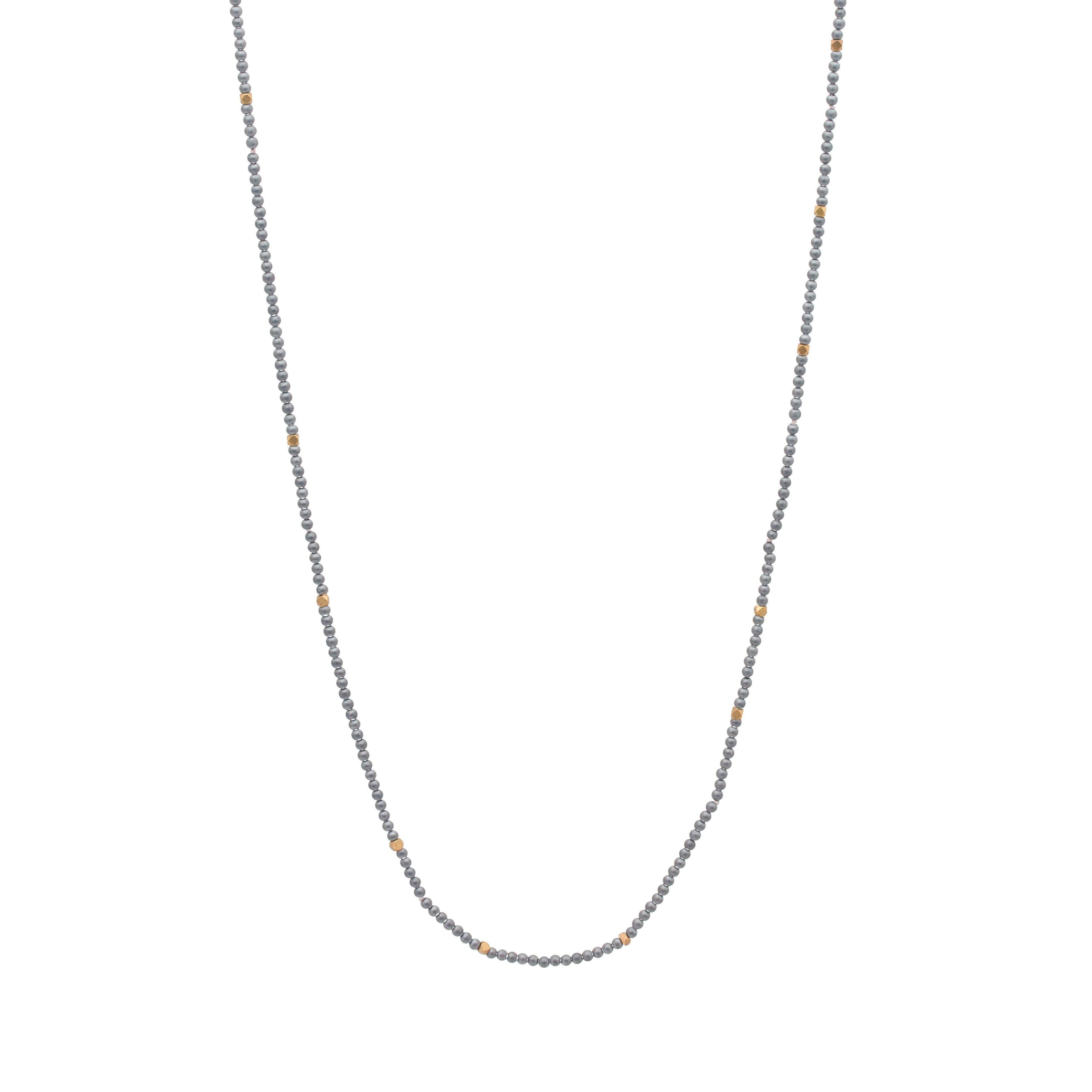 Hematite and Faceted Brass Bead Necklace - 34"